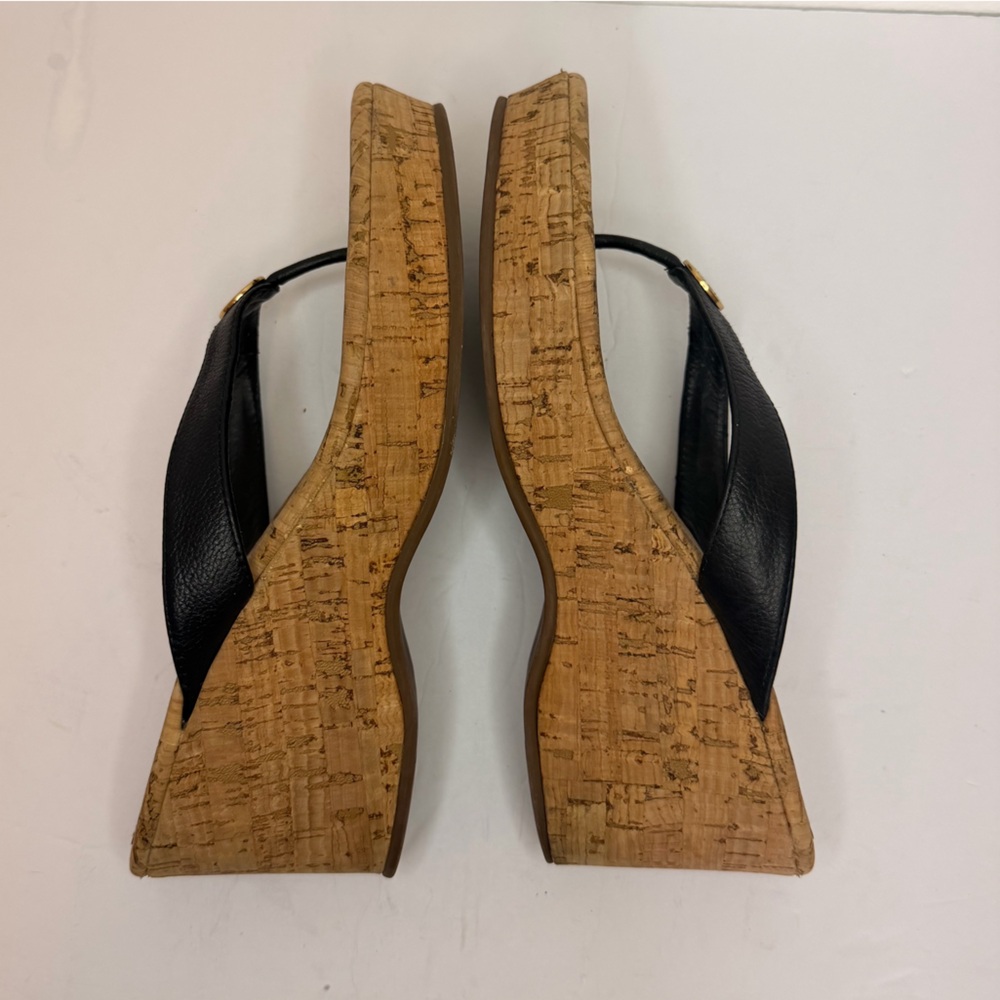 Tory Burch Thora Cork Wedge Thong Sandals Black Leather Logo Size 9 - Picture 5 of 9